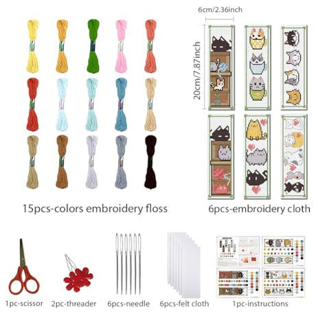 FREEBLOSS 6 Set Cross Stitch Bookmark Kit Counted Cross Stitch Kit Embroidery Bookmarks with Instruction Cartoon Cat Embroidery Kit for Beginners Adults 8''x2.4'' FREEBLOSS