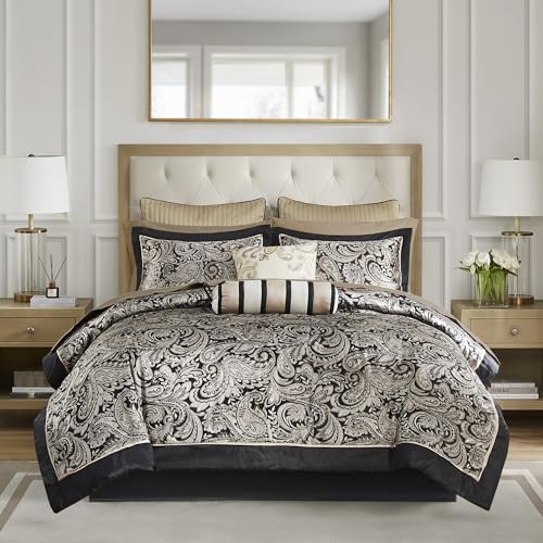 Madison Park Aubrey Cozy Comforter Set, Faux Silk Jacquard Paisley Design - All Season Down Alternative Bedding with Cotton Bed Sheets, Bed Skirt & Toss Pillows, King Black 12 Piece Madison Park