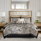 Madison Park Aubrey Cozy Comforter Set, Faux Silk Jacquard Paisley Design - All Season Down Alternative Bedding with Cotton Bed Sheets, Bed Skirt & Toss Pillows, King Black 12 Piece Madison Park