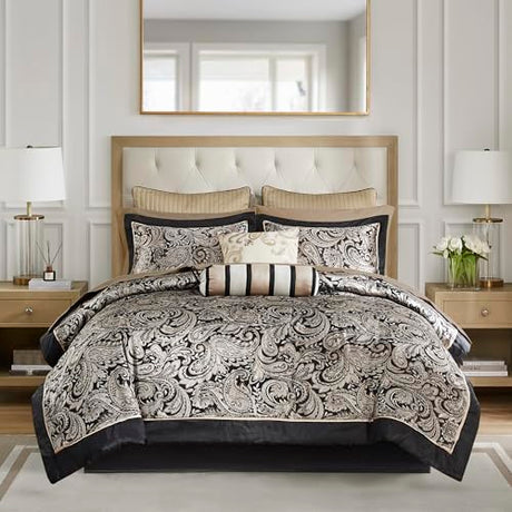 Madison Park Aubrey Cozy Comforter Set, Faux Silk Jacquard Paisley Design - All Season Down Alternative Bedding with Cotton Bed Sheets, Bed Skirt & Toss Pillows, King Black 12 Piece Madison Park