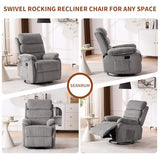 Seanrum Plush Premium Velvet 360° Swivel Rocker Recliner Chair - High Back Glider with Generous Footrest, Supportive Armrests & Side Pocket for Nursery, Living Room & Small Spaces Grey
