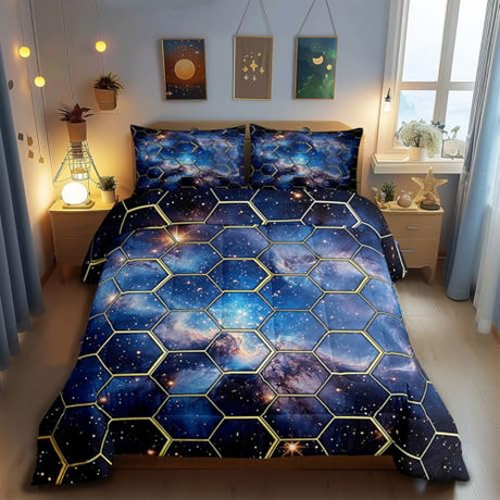 Abstract Honeycomb Kids Comforter Set Twin Size,Glitter Stars Galaxy Outer Space Bedding Set,Boys Girls Room Decor,Geometric Minimalist Hexagon Down Comforter,Blue Duvet Insert,1 Pillowcase Manfei