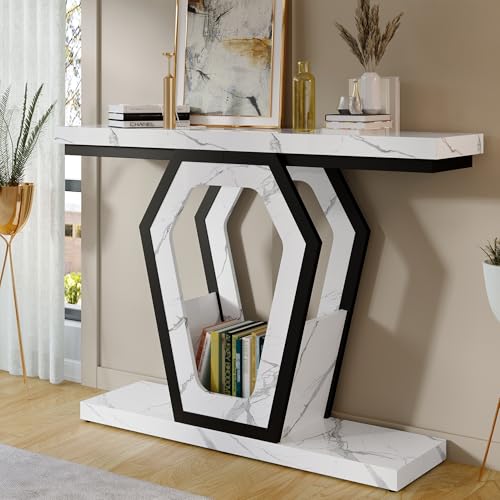 FUSUNBAO 47.3" Console Table,Openwork Bracket Sofa Table, Wood Narrow Entryway Table for Hallway, Behind The Couch, Living Room, Foyer, Easy Assembly（White Marble Texture） FUSUNBAO