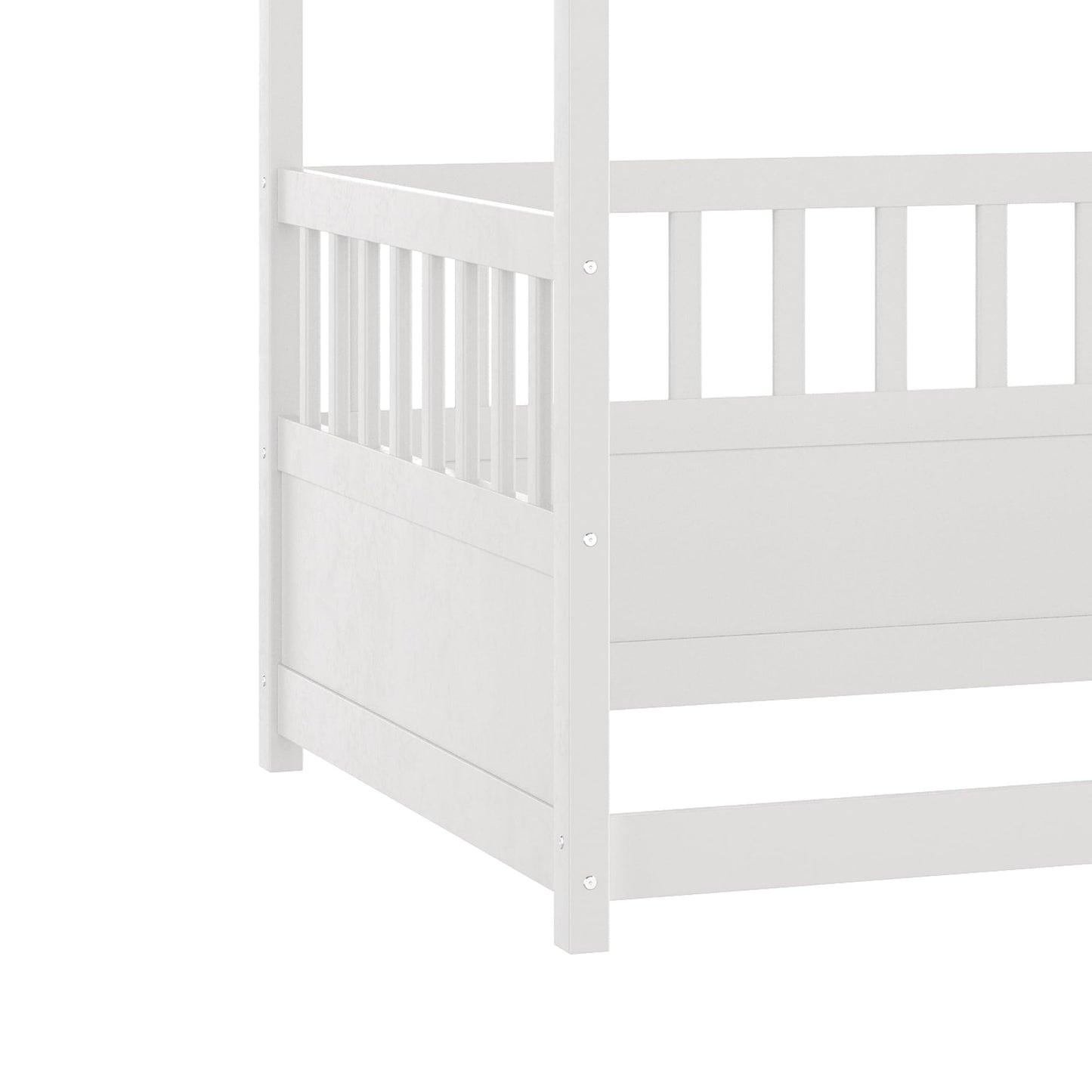 Twin Size Canopy Bed Frame with 4 Posters and Guardrails, Twin Size Montessori Floor Bed with High Fence, White Montessori Bed Twin Size