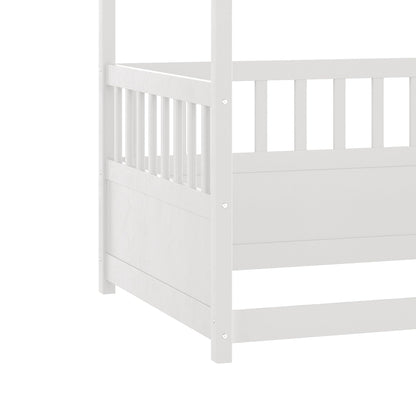 Twin Size Canopy Bed Frame with 4 Posters and Guardrails, Twin Size Montessori Floor Bed with High Fence, White Montessori Bed Twin Size