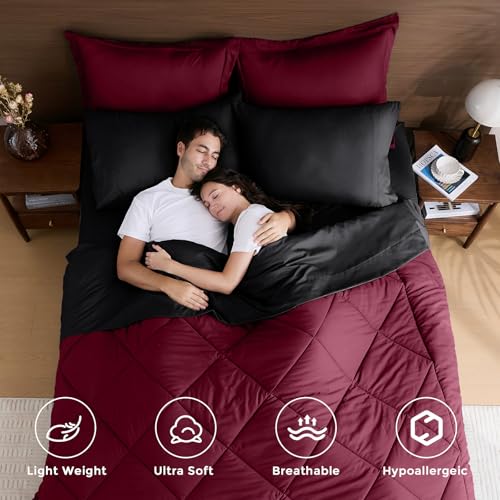 HEVUMYI Red & Black Queen Comforter Set - 7-Piece All Season Burgundy Bed in a Bag Queen, Ultra Soft Bedding Set with Comforter, Flat Sheet, Fitted Sheet, Pillowcases, Pillow Shams, Burgundy HEVUMYI