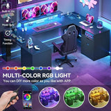 DWVO U Shaped Desk with Drawers, Gaming Desk with Power Outlets & LED Lights, Wood Computer Desk Home Office Desks with Storage Shelves, Black Carbon Fiber DWVO