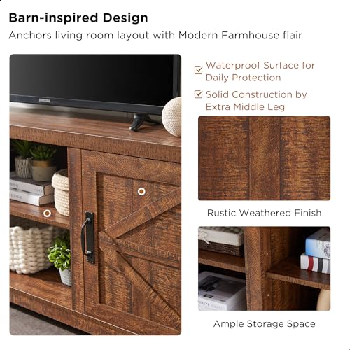 T4TREAM Farmhouse TV Stand for TVs Up to 75 inches, Wood Barn Door Media Television Console Table with Storage Cabinets, Easy Assembly Modern Entertainment Center for Living Room, Reclaimed B - WoodArtSupply