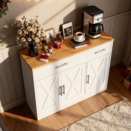 SUNLEI Sideboard Buffet with Storage, Farmhouse Kitchen Cabinet with 3 Doors and 2 Drawers, Coffee Bar Cabinet with Storage for Living Room, White SUNLEI