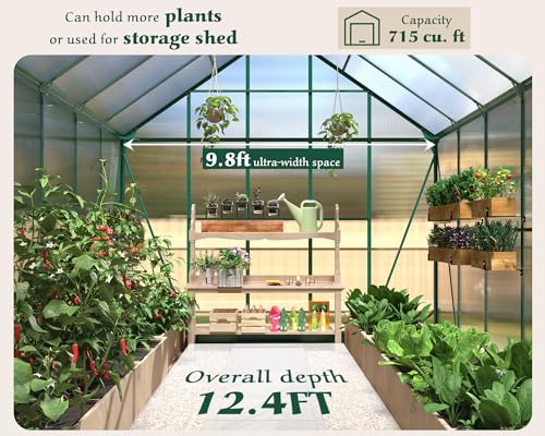 AMERLIFE 12x10x10 FT Polycarbonate Greenhouse with 2 Sliding Doors 4 Vents Window Walk-in Large Aluminum Greenhouse Premium Professional hot House for Outdoors, Green