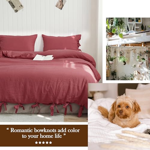 Simple&Opulence 100% French Linen Duvet Cover Set, 3 Pieces Belgian Flax Breathable Bedding, King Size 104''x92'' (1 Comforter Cover+2 Pillowshams) with Tie Closure Style, Red Simple&Opulence