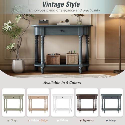 MTHOUSE 36" Narrow Console Table with Curved Corner | Retro Entryway Table with Top Drawer and Open Shelf | Sofa Table Console for Entryway, Hallway & Living Room (Navy) MTHOUSE