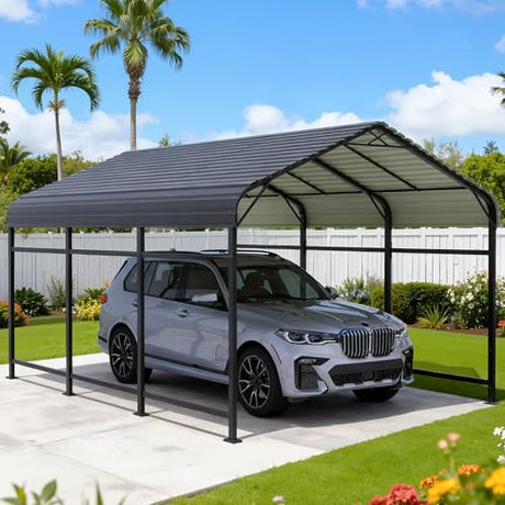 Greesum 10x15FT Metal Carport with Heavy Duty Frame and Galvanized Steel Roof, Round Carports with Side Support Rods, Canopy Shelter for Car, Pickup Trucks, Boats and Tractors, Party, Gray Greesum