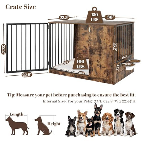 Dog Crate Furniture with Cushion for Large Dogs, 36" Indoor Wooden Dog Kennel with 270° Swivel Door, 360° Rotating Feeder, Decorative Heavy Duty Dog House with Double Locks & Bowls, Rustic Brown TBWIND