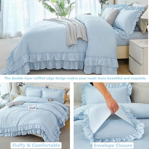 ANGIYUIN 5Pcs Queen Ruffle Comforter Sets Light Blue Double-Layer Ruffled Bedding Sets Vintage Farmhouse Bed Sets Solid Elegance Ruched Bed in A Bag for Women(Light Blue Queen) ANGIYUIN