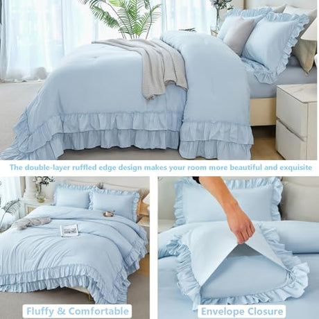 ANGIYUIN 5Pcs Queen Ruffle Comforter Sets Light Blue Double-Layer Ruffled Bedding Sets Vintage Farmhouse Bed Sets Solid Elegance Ruched Bed in A Bag for Women(Light Blue Queen) ANGIYUIN