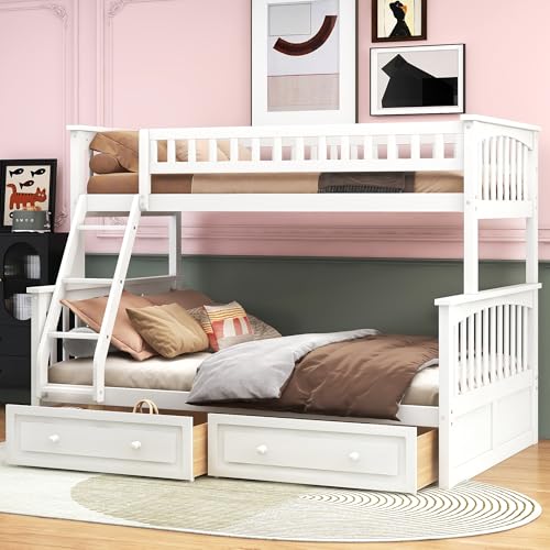 Harper & Bright Designs Convertible Wood Twin Over Full Bunk Bed with 2 Storage Drawers and Ladder - Can Be Divided Into Two Daybeds, White Harper & Bright Designs