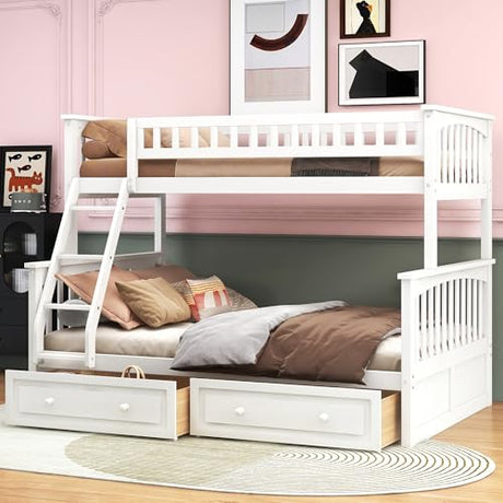 Harper & Bright Designs Convertible Wood Twin Over Full Bunk Bed with 2 Storage Drawers and Ladder - Can Be Divided Into Two Daybeds, White Harper & Bright Designs