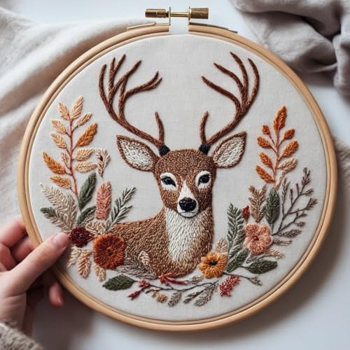 Huacan 1pc Stitched Deer with Floral Embroidery Kit - Handmade Craft Set for Creative Hobby & Unique Gift