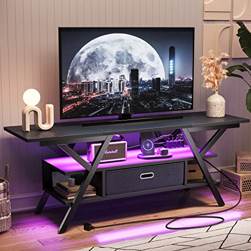 Bestier LED TV Stand with Power Outlets for 65 Inch TV, 55 inch Entertainment Center with Removable Drawer for Living Room Bedroom, Gaming TV Stand 20 Dynamic RGB Modes, Carbon Fiber Black Bestier