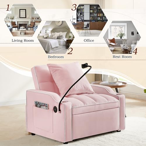 SLEERWAY 3-in-1 Convertible Futon Sofa Bed Chair, Multi-Functional Sleeper Chair Bed with Pull Out Couch and Adjustable Backrest, Modern Velvet Chaise Lounge Armchair for Living Room Bedroom, Pink SLEERWAY