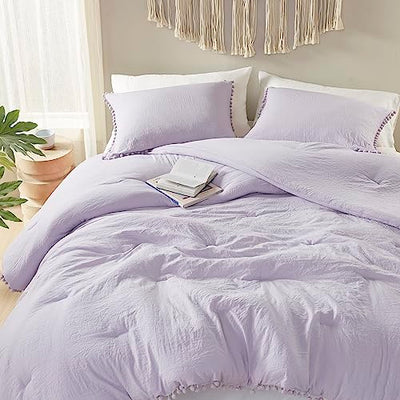 Codi Lavender Purple Full/Queen Comforter Set - Boho Aesthetic Bedding with Luxurious Pom Fringe, Soft Washed Microfiber 3pc Set, Couple-Friendly Lightweight Design, 1 Comforter & 2 Pillow Shams