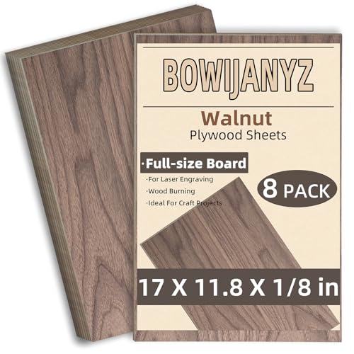 1/8" Walnut Plywood Sheets, 17x11.8x1/8 Inch 8 Pack, 3mm Plywood for Laser Cutting, Engraving, Wood Burning, Unfinished Wood for Crafts, Architectural Models, Drawing & Painting, DIY Projects BOWIJANYZ