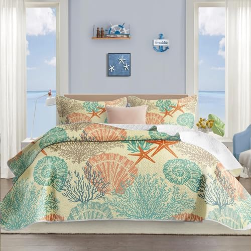 Tritard 3 Piece Coastal Quilt Sets Full/Queen Size - Reversible Microfiber Quilts with 2 Shams Soft Lightweight Beach Bedding Nautical Bedspread Coverlet Summer Comforter for All Season, 90''x96'', C4 Tritard