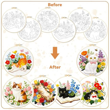 BEUNITONE 6 Set Varieties Cat and Flowers Embroidery Kit for Adults Beginners, Pre-Stamped Pattern Needlepoint Kits with Hoop, Tools, Instruction, Hand Embroidery Kits for Gifts, Fabric and Home Decor BEUNITONE