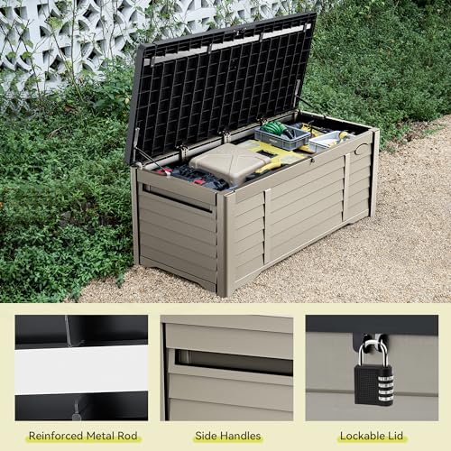 YITAHOME 120 Gallon Large Outdoor Storage Deck Box, Waterproof Cushion Storage Bench with Lockable Lid for Patio, Pool Supplies, Garden Tools, Resin, Black & Brown - WoodArtSupply