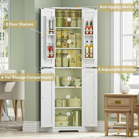 IRONCK Corner Cabinet, 72" H Kitchen Pantry Storage Cabinet, 4 Barn Doors with Storage Rack, 4 Adjustable Shelves, 6-Tier Tall Food Pantry Cabinet, Farmhouse Hutch for Kitchen Dining Room, White IRONCK