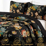 WONGS BEDDING Quilt Set Queen Size, Black Botanical Queen Bedspread Bedding Sets, 3 Pieces Floral Quilt with 2 Pillowcases,Soft Lightweight Microfiber Coverlet Set for All Season(96"X90") WONGS BEDDING