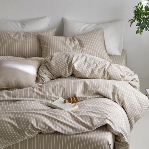 MooMee Striped Duvet Cover Set 100% Washed Cotton Linen Like Textured Breathable Durable Soft Comfy (Tannish Linen Grey White Wide Stripes, Queen 90"x90") MooMee