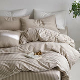 MooMee Striped Duvet Cover Set 100% Washed Cotton Linen Like Textured Breathable Durable Soft Comfy (Tannish Linen Grey White Wide Stripes, Queen 90"x90") MooMee