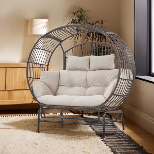 LUMIINOFAMI Outdoor Glider Egg Chair, Oversized 2 Person Egg Rocking Chair with Thick Cushions, Wicker Egg Chair Rattan Porch Furniture Loveseat Lounge Chair for Bedroom Sunroom Backyard(Brow - WoodArtSupply