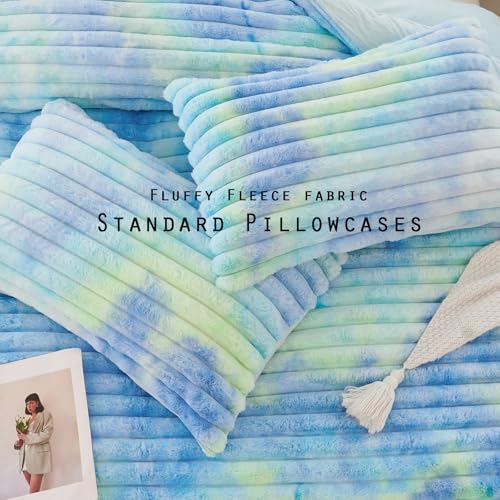 ZRNBAST Fluffy Duvet Cover Twin Size, Tie Dye Blue Green Plush Fleece Bedding Sets, Super Soft Faux Fur Bed Set with Zipper, Luxury Fuzzy Comforter Cover with 2 Pillowcases(Blue Green, Twin) ZRNBAST
