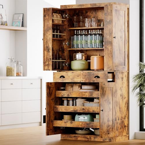 IRONCK Kitchen Pantry Cabinet with Sliding Storage Rack and 6 Hanging Shelves, 72" Height Tall Freestanding Cupboard for Living Room, Dining Room, Laundry, Vintage Brown