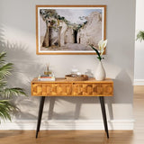 Bme Console Modern Mid-Century 2 Drawers and Metal Legs, Unique Geometric Design Sofa Table for Entryway, Hallway, Living Room, Teak Brown Bme