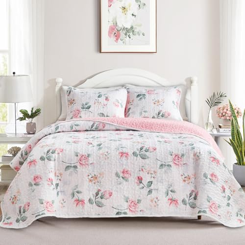 Floral Quilt Set Twin Size 68x86 with Pink Yellow Flower Soft Microfiber Lightweight Coverlet Bedspread Reversible Summer 2pc Quilted Bedding Set Bed Cover for All Season (1 Quilt+ 1 Shams) UOZZI BEDDING