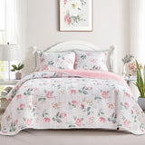 Floral Quilt Set Twin Size 68x86 with Pink Yellow Flower Soft Microfiber Lightweight Coverlet Bedspread Reversible Summer 2pc Quilted Bedding Set Bed Cover for All Season (1 Quilt+ 1 Shams) UOZZI BEDDING
