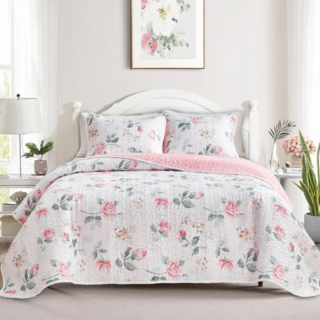 Floral Quilt Set Twin Size 68x86 with Pink Yellow Flower Soft Microfiber Lightweight Coverlet Bedspread Reversible Summer 2pc Quilted Bedding Set Bed Cover for All Season (1 Quilt+ 1 Shams) UOZZI BEDDING