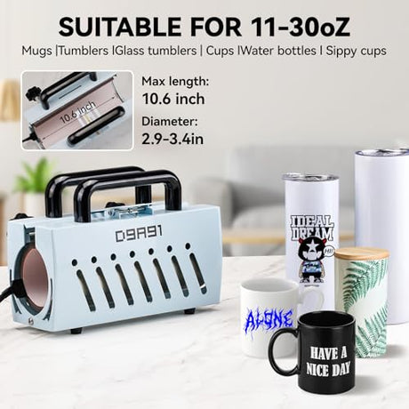 D9A91 3 in 1 Heat Press Machine, Hat Press Machine and Tumbler Heat Press Machine. for Caps, T-Shirt & More, 11-30oz Mug Press, Heat Up Fast and Even,No Crease, LCD Digital Temperature -Light Blue D9A91