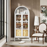 PAXIPEX 72" Modern Farmhouse Display Cabinet, Display Case with Auto Sensor Light, Curio Cabinet with Adjustable Shelves & 2 Drawers for Home Living Room, White Oak PAXIPEX