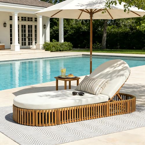 Merax Acacia Wood Chaise Lounge with Curved Cushion, Outdoor Sun Lounger for Patio, Poolside and Garden, Teak Finish Wood Recliner, 80.8" L, Supports 300 lbs, Cream