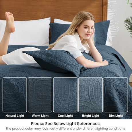 Love's cabin King Size Quilt Set Navy Blue Bedspreads - Soft Bed Summer Lightweight Bedspread Comforter - Modern Style Coin Pattern Coverlet for All Season - 3 Pieces (1 Quilt, 2 Pillow Shams) Love's cabin