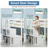MoproBeti Low Loft Bed with Stairs, Wood Twin Size Kids Loft Bed with Guard Rails,Junior Low Loft Beds with Under-Bed Storage for Small Room/Low Ceiling Bedroom,White MoproBeti