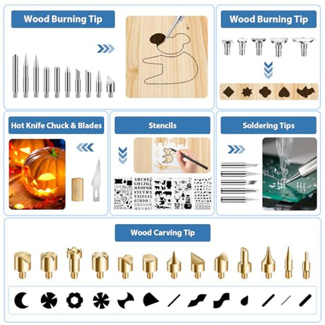 Fohil Wood Burning Kit for Adults with Gloves, 130pcs Wood Burning Pen Tool Set with Adjustable Temperature 200~450 °C Switch Pyrography Pen Kit for Embossing Carving Soldering Fohil