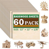 60 Pack Basswood Sheets for Laser Cutting, 12 x 12 x 1/8 Inch, Unfinished Squares Wood Sheets for Crafts - Smooth Surface Plywood for Wood Burning, Engraving, Architectural Models, Painting & Staining XSEINO