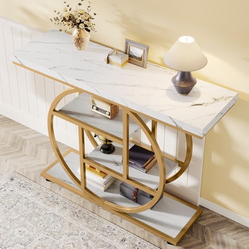 Tribesigns 41.3" Console Table, Industrial 4-Tier Sofa Entryway Table with Circle Base, Narrow Wood Accent Tables with Storage Shelves for Living Room, Hallway, Foyer, White Gold Tribesigns
