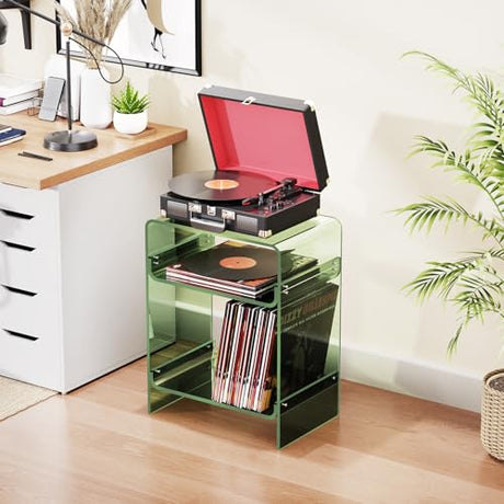 Acrylic Record Player Table with Storage Shelf, Clear Side Table Nightstand (Green, Large) Acrylicolor